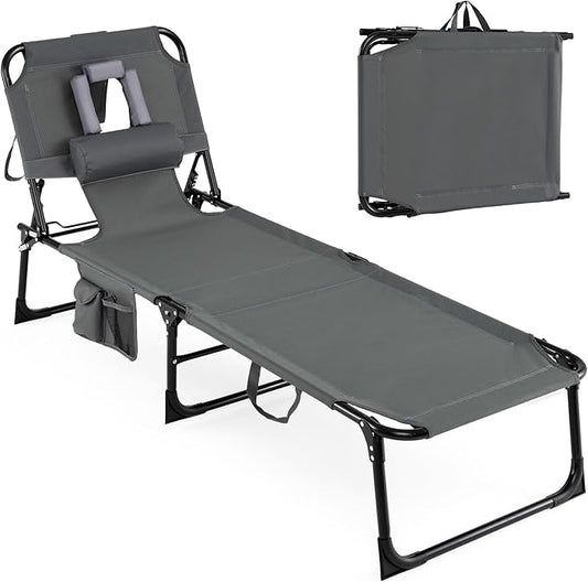 Giantex Face Down Tanning Chair, Folding Beach Lounge Chair w/ 4-Position Adjustable Backrest, Outdoor Sunbathing Lounge Chair w/Face Arm Holes & Storage Pocket for Patio Deck Poolside (1, Gray)