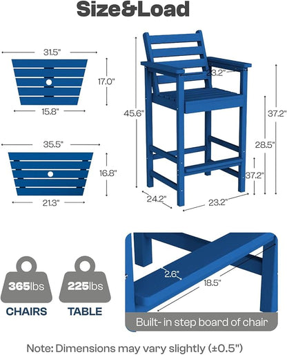 Tall Adirondack Chairs Set of 2, Bar Height HDPE Outdoor Chairs with Connecting Tray & Umbrella Hole, Balcony Patio Adirondack Chairs for Deck, Garden, Lawn(Navy Blue)