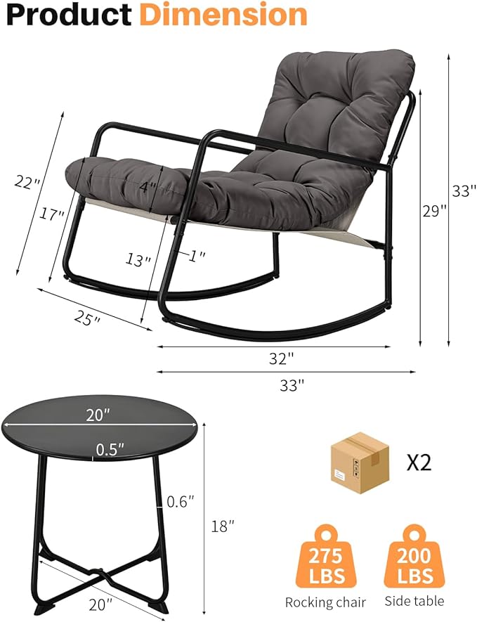 3 Pieces Outdoor Conversation Set, Metal Patio Bistro Set with 2 Outdoor Rocking Chairs and Side Table, Patio Furniture Set with Cushions for Apartment, Porch, Balcony, Poolside, Dark Grey
