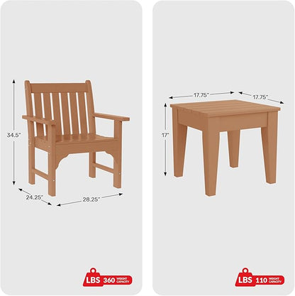 Costaelm Outdoor Patio Table and Chairs Set of 2, 2-Piece HDPE Garden Chair with Square Adirondack Side Table Set, Porch Chairs Coffee Table for Outside Porch Backyard, Teak