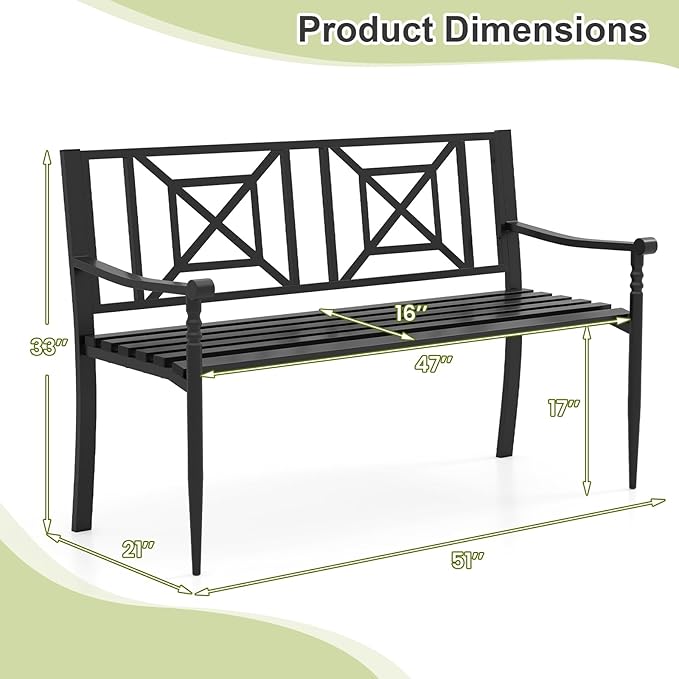 Tangkula Metal Outdoor Park Bench, Patio Garden Bench, Heavy-Duty Slatted Garden Bench for 2-3 People, Patio Park-Style Loveseat with Curved Armrests, Outdoor Seating for Backyard, Lawn, Porch