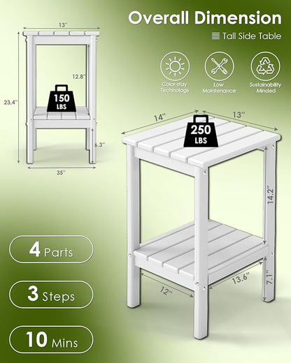GREENVINES Tall-Outdoor-Side-Table | 23.5" | HDPE Plastic | Patio Adirondack End Tables | All Weather | 2-Tier | White | for Porch Garden Indoor & Rocking Chairs
