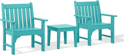 Costaelm 3 piece Patio Set, Outdoor Table and Chairs Set of 3, 3-Piece HDPE Garden Chair with Square Adirondack Side Table, Porch Chairs Coffee Table for Outside Porch Backyard, Turquoise