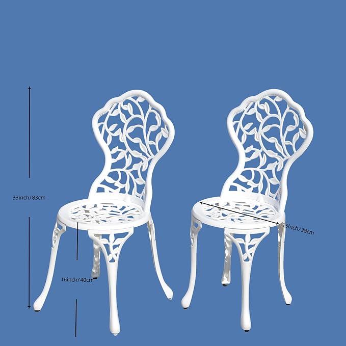KAILI Rose Garden Cast Aluminum Bistro Chairs, Decorative Outdoor Patio Seating, Set of 2, White and Black (Leaf Chair White)