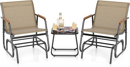 Giantex 3-Piece Outdoor Glider Set, 2-Pack Rocking Chairs with Small Tempered Glass Coffee Table, Metal Frame, Porch Rocker, Patio Bistro Set for Outside, Garden, Backyard, Balcony, Brown