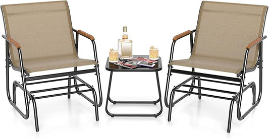 Giantex 3-Piece Outdoor Glider Set, 2-Pack Rocking Chairs with Small Tempered Glass Coffee Table, Metal Frame, Porch Rocker, Patio Bistro Set for Outside, Garden, Backyard, Balcony, Brown