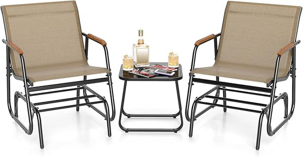 Giantex 3-Piece Outdoor Glider Set, 2-Pack Rocking Chairs with Small Tempered Glass Coffee Table, Metal Frame - Photo 1