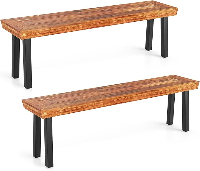 COSTWAY Set of 2 Outdoor Acacia Wood Benches, 2-3 People Backless Garden Benches with Metal Frame for Patio, Deck - Photo 1