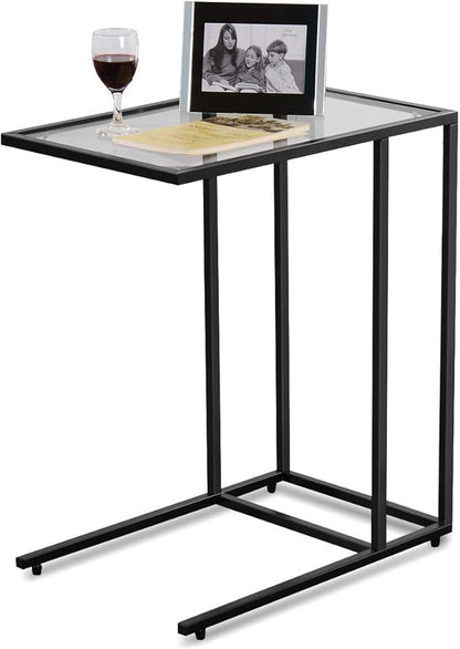 Tangkula Sofa Side End Table, C Shaped Patio Side Table Snack Table with Glass Top & Steel Frame, Portable Indoor Outdoor Couch C Table End Table Laptop Desk Coffee Tray