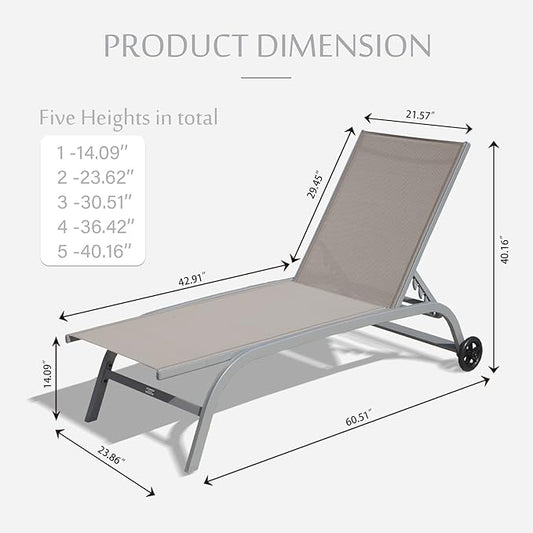 Domi Chaise Lounge Outdoor Set of 2, Lounge Chairs for Outside with Wheals, Outdoor Chaise Lounge with 5 Adjustable Position, Pool Lounge Chairs for Patio, Beach, Yard, Deck, Poolside, Khaki
