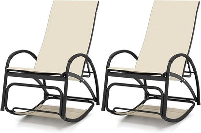 Giantex 2-in-1 Outdoor Rocking Chairs of 2, Convertible Lounge Chair with 4-Position Adjustable Backrest, Curved Armrests, Lightweight Aluminum Frame, Patio Lounger Rocker for Porch, Poolside, Beige