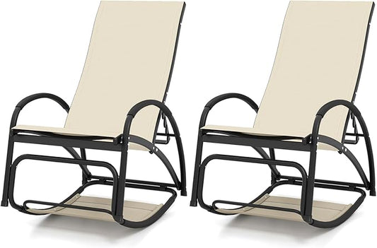 Giantex 2-in-1 Outdoor Rocking Chairs of 2, Convertible Lounge Chair with 4-Position Adjustable Backrest, Curved Armrests, Lightweight Aluminum Frame, Patio Lounger Rocker for Porch, Poolside, Beige