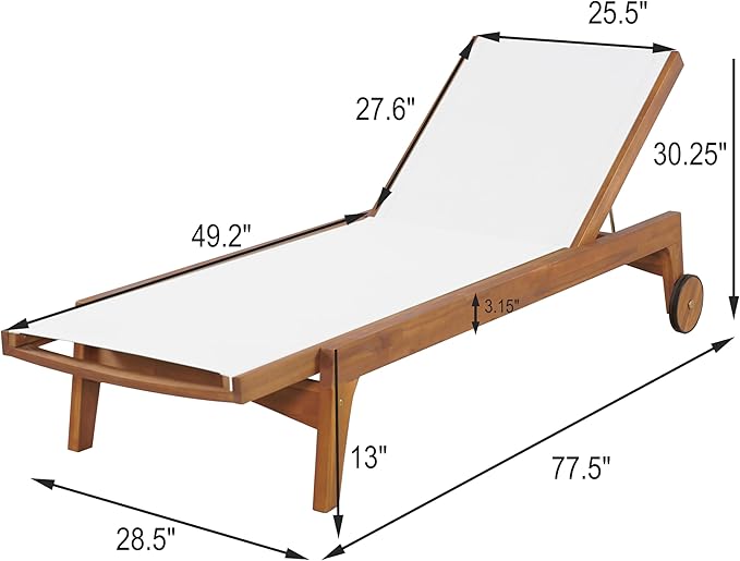 Christopher Knight Home Tristy Chaise Lounge Chair Outdoor, Acacia Wood Frame Sunbathing Pool Lounger, Adjustable Backrest Single Lounge Sofa, Patio Lounge Chaise for Poolside, White + Natural