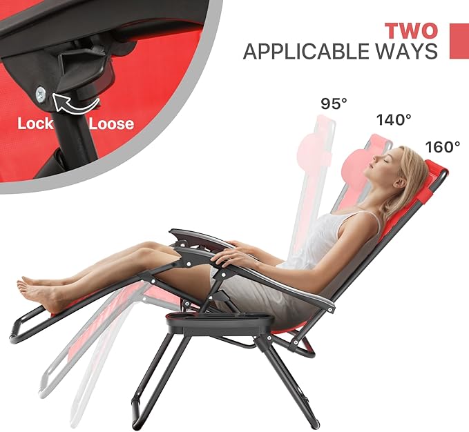 Magshion Zero Gravity Lounge Chair, Adjustable Folding Recliner with Cup Holder Side Tray & Removable Headrest Pillow, Portable Outdoor Patio Lounger for Camping, Beach, Lawn, Backyard, Red