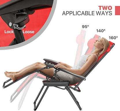 Magshion Zero Gravity Lounge Chair, Adjustable Folding Recliner with Cup Holder Side Tray & Removable Headrest Pillow, Portable Outdoor Patio Lounger for Camping, Beach, Lawn, Backyard, Red