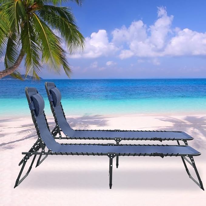 Folding Chaise Lounge Chair Set of 2, Patio Sun Tanning Chair with 4-Position Reclining Back, Breathable Mesh Outdoor Lounge Chair for Pool Beach, Adjustable Footrest, Portable, Dark Blue