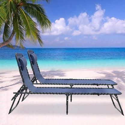 Folding Chaise Lounge Chair Set of 2, Patio Sun Tanning Chair with 4-Position Reclining Back, Breathable Mesh Outdoor Lounge Chair for Pool Beach, Adjustable Footrest, Portable, Dark Blue