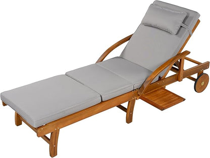 LUMISOL 77.5” Acacia Wood Chaise Lounge Chair, Patio Outdoor Chaise Lounge with Cushions, Adjustable Backrest, Leg Rest, Headrest, Retractable Side Tray for Patio, Pool, Garden, Grey