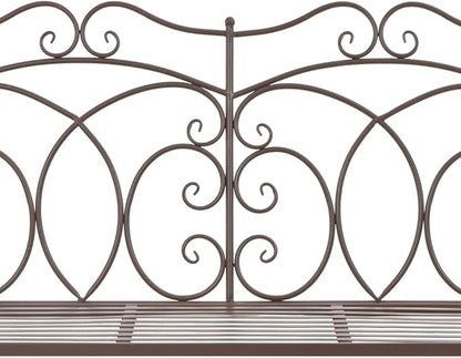 Antique Brown Wrought Iron Garden Bench with Rocking Feature, Medium Size Outdoor Seating for Two, Durable Patio Furniture, Classic Vintage Design for Balcony or Garden Decor