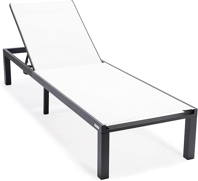 LeisureMod Marlin Aluminum Outdoor Chaise Lounge Chair - Mesh Sling Fabric Seat Black Aluminum Frame Beach, Pool Lounge Chair for Modern Patio Lawn, Garden and Backyard (White)