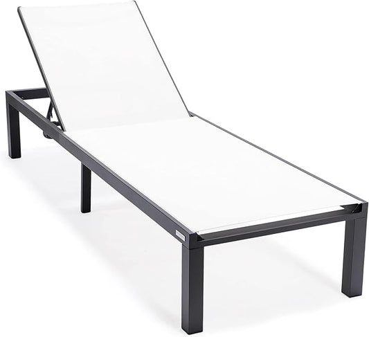 LeisureMod Marlin Aluminum Outdoor Chaise Lounge Chair - Mesh Sling Fabric Seat Black Aluminum Frame Beach, Pool Lounge Chair for Modern Patio Lawn, Garden and Backyard (White)
