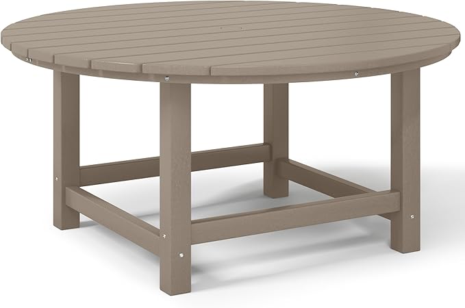 Costaelm Patio Conversation Table, Tatio Accent HDPE Outdoor Weather Resistant, Round Outdoor Porch Balcony Patio Drink Table for Outside, Pool, Backyard, Weathered Wood