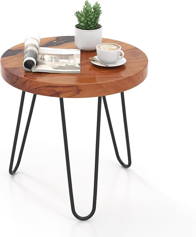 Giantex Outdoor Side Table Teak Wood - 20” Round End Table with Epoxy Resin Tabletop, Solid Live Edge, Metal Frame, Rustic Sofa and Couch Table for Patio, Porch, Poolside, Living Room, Yard, Brown