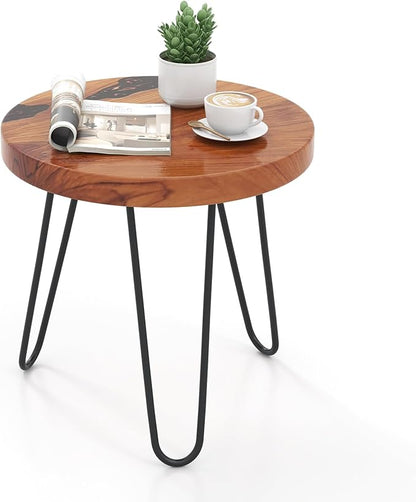 Giantex Outdoor Side Table Teak Wood - 20” Round End Table with Epoxy Resin Tabletop, Solid Live Edge, Metal Frame, Rustic Sofa and Couch Table for Patio, Porch, Poolside, Living Room, Yard, Brown