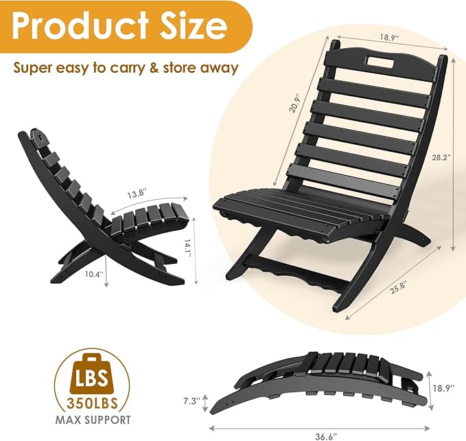 IVY&LANE Portable Xavier-Chairs Set of 2 | Folding-Adirondack-Chair | Wave | HDPE Plastic | Black | All-Weather Resistant | for Outdoor Fire-Pit Patio Lawn Beach Poolside