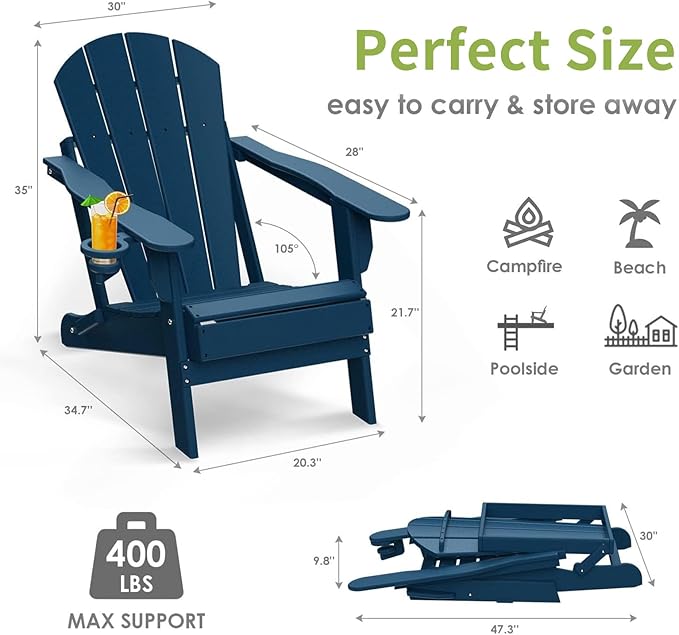 Folding Adirondack Chairs, Plastic Outdoor Patio Chairs with Cup Holder, Wood-Textured with Large Seat for Poolside Backyard Lawn, Blue