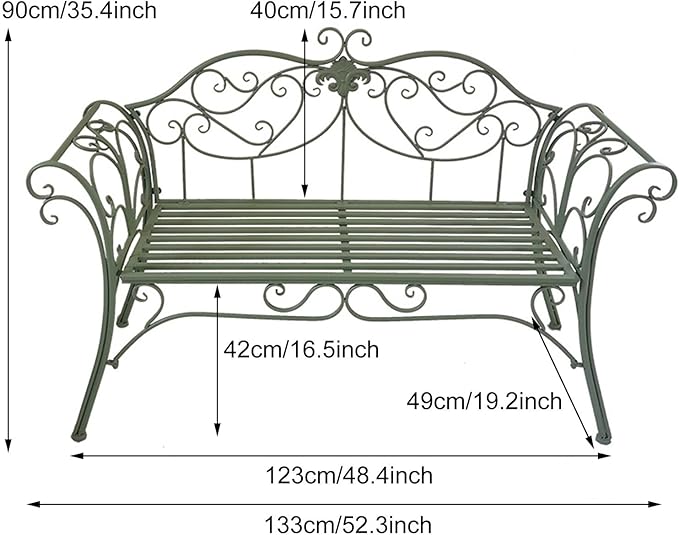 Outdoor 52" Metal Garden Bench, Retro Patio Seating for 2, Comfortable Backrest & Armrests, Ideal for Yard, Porch, Lawn, Backyard - Black Park Bench