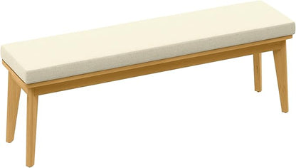 2-Piece Backless Patio Bench, Acacia Wood Dining Bench with Cushion for Outdoor Porch, Backyard, Garden, Lawn, Beige