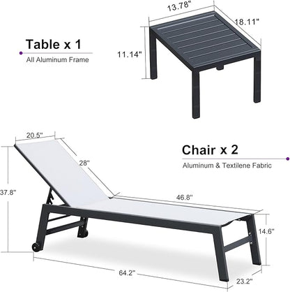 PURPLE LEAF Patio Chaise Lounge Set for 2 Outdoor Chaise Lounge Chair with Aluminum Frame and Wheels Pool Lounge Chairs for Deck Yard Poolside Table Included, Linen