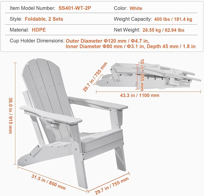 Happybuy Adirondack Chair Plastic, Set of 2 All-Weather Portable Folding Fire Pit Chair, Outdoor Adirondack Patio Chair with Cup Holder, with Relaxing Arm Rest Ergonomic, for Garden, Backyard - White