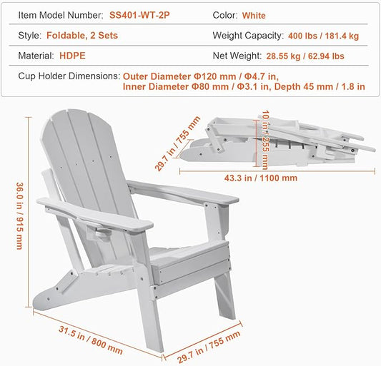 Happybuy Adirondack Chair Plastic, Set of 2 All-Weather Portable Folding Fire Pit Chair, Outdoor Adirondack Patio Chair with Cup Holder, with Relaxing Arm Rest Ergonomic, for Garden, Backyard - White