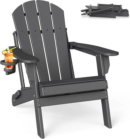 BRIOPAWS Folding-Adirondack-Chair | HDPE | Fire Pit Chairs | Cup Holder | Weather Resistance | Grey | for Outdoor Backyard Deck Patio