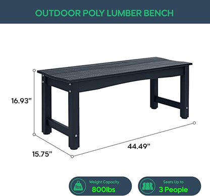 Weatherproof HIPS Outdoor Bench, 2-Person Patio Dining Bench, All-Weather Poly Lumber Garden Bench, Never Rot or Fade, Park Bench with Wood Grains for Porch, Garden, Deck, Entryway, Black