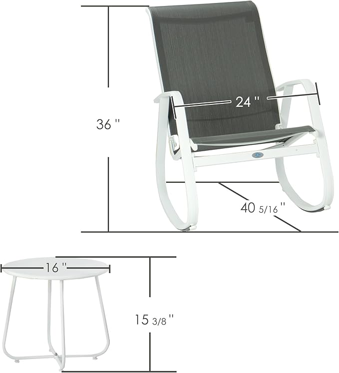 Kozyard Outdoor Patio Rocking Sling Chair, Powder Coated Aluminum Frame, Weather Resistant and Breathable Mesh Fabric for Patio, Porch, Yard, Garden (Grey, 2Chairs + Table)