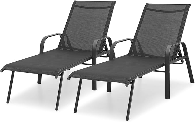 MoNiBloom Outdoor Black Lounge Chairs Set of 2, 5 Levels Adjustable Backrest Pool Lounge Chairs Breathable All Weather Metal Frame Sunbathing Recliner for Patio, Beach, Yard, Pool, 350 Lbs Capacity