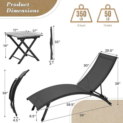 Athena Collection Outdoor Chaise Lounge Set, Aluminum Frame Pool Lounge Chairs with 5-Level Adjustable Backrest and Folding Side Table, Breathable Sun Lounger for Poolside Patio Outdoor, Black