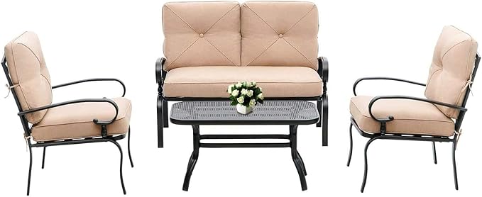 Outdoor Furniture Patio Conversation Set Loveseat, 2 Chairs, Coffee Table with Cushion, Lawn Front Porch Garden - Photo 1