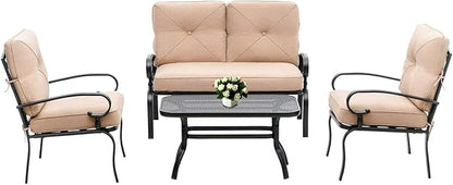 Outdoor Furniture Patio Conversation Set Loveseat, 2 Chairs, Coffee Table with Cushion, Lawn Front Porch Garden, Metal Chair Set Wrought Iron Look(Brown)