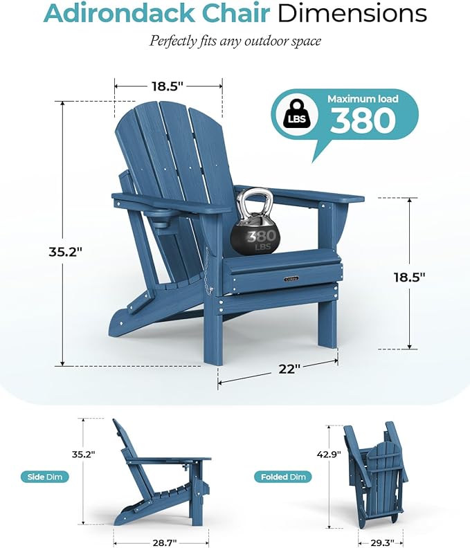 Ciokea Folding Adirondack Chair 4 Pack, Patio Adirondack Chair Weather Resistant, Plastic Fire Pit Chair with Cup Holder - Photo 2