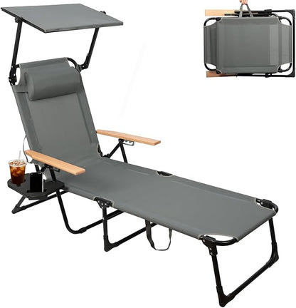 Tanning Chairs for Outside with Canopy, Folding Lounge Chairs, Tanning Chair with 4 Adjustable Backrest & Cup Holders & Pillow,Holds 330 Lb, Outdoor Garden Pool