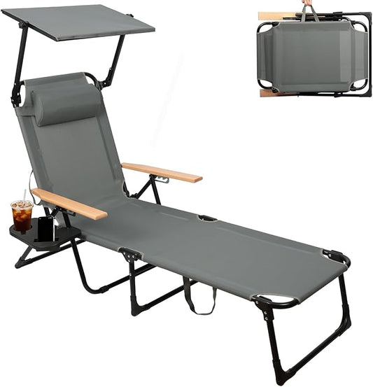 Tanning Chairs for Outside with Canopy, Folding Lounge Chairs, Tanning Chair with 4 Adjustable Backrest & Cup Holders & Pillow,Holds 330 Lb, Outdoor Garden Pool