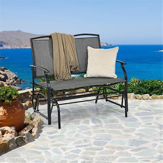 Pemberly Row Patio Glider Rocking Bench, Gray Metal Frame, Ergonomic 2-Person Double Chair with Smooth Motion, Durable Outdoor Seating for Backyard, Patio, or Garden