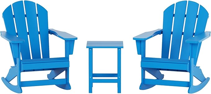 WO WESTIN OUTDOOR HDPE Laguna Outdoor Rocking Poly Adirondack Chair with Side Table 3-Piece Set, Pacific Blue