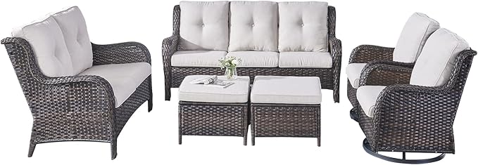 Rilyson Wicker Patio Furniture Set - 6 Piece Rattan Outdoor Sectional Conversation Sets with 2 Rocking Swivel Chairs - Photo 2