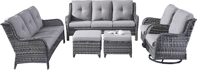 Rilyson Wicker Patio Furniture Set - 6 Piece Rattan Outdoor Sectional Conversation Sets with 2 Rocking Swivel Chairs - Photo 2