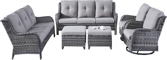 Rilyson Wicker Patio Furniture Set - 6 Piece Rattan Outdoor Sectional Conversation Sets with 2 Rocking Swivel Chairs,2 Ottomans and 2 Sofa for Porch Deck Garden(Mixed Grey/Grey)